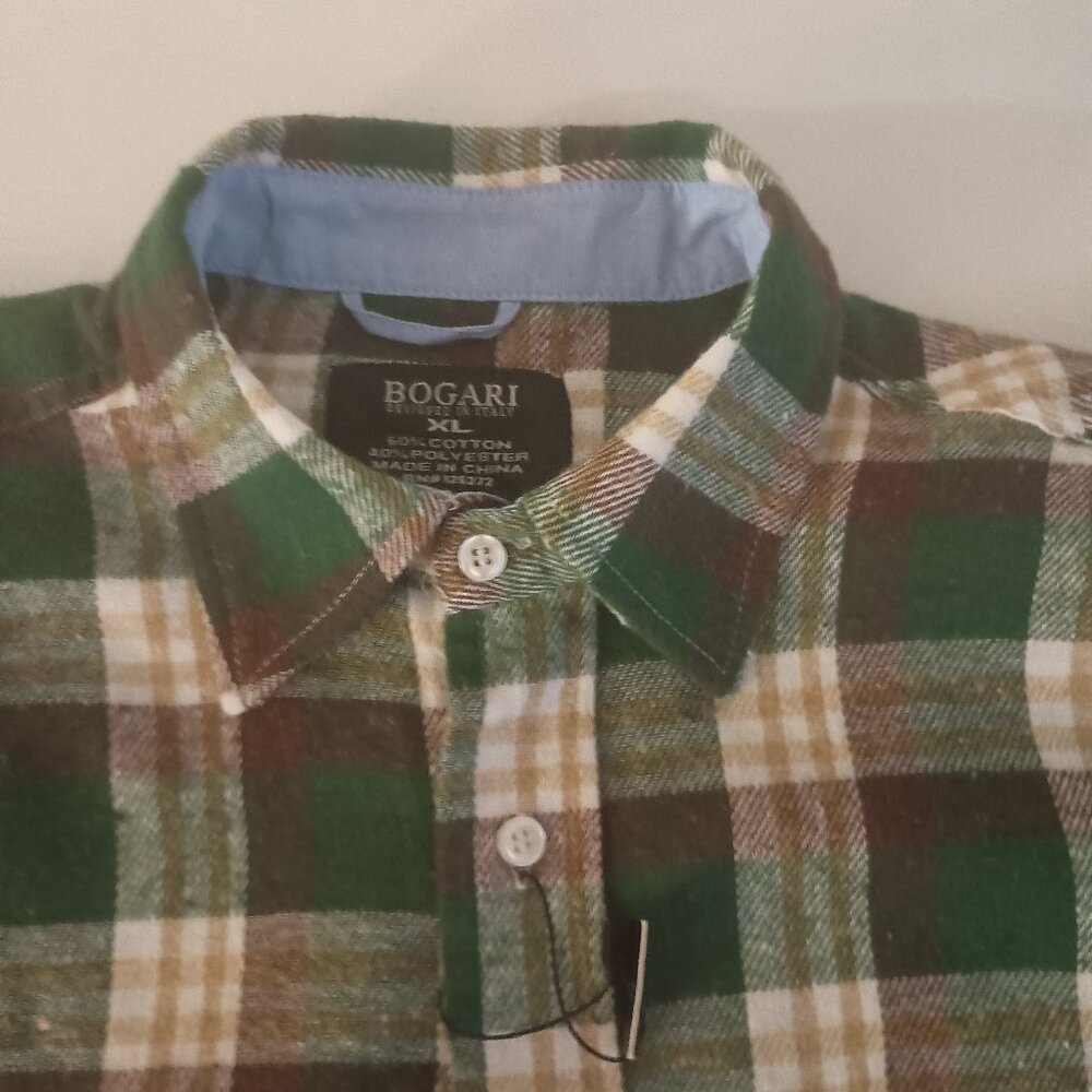 Bogari Men’s Flannel Shirt Green Brown Tan White Plaid Button Down Size XL EUC